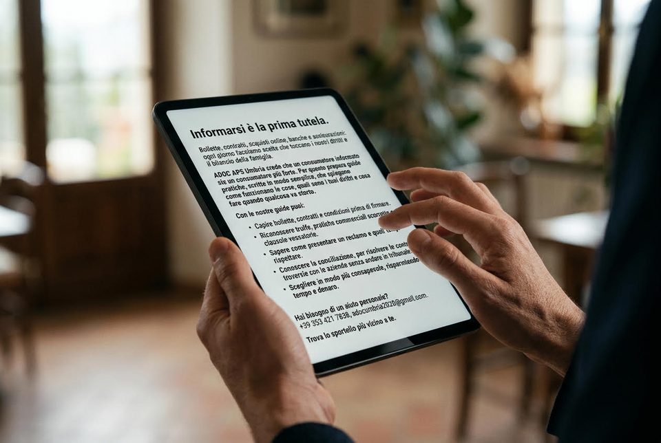 Una persona legge su un tablet la guida di ADOC APS Umbria «Informarsi è la prima tutela»